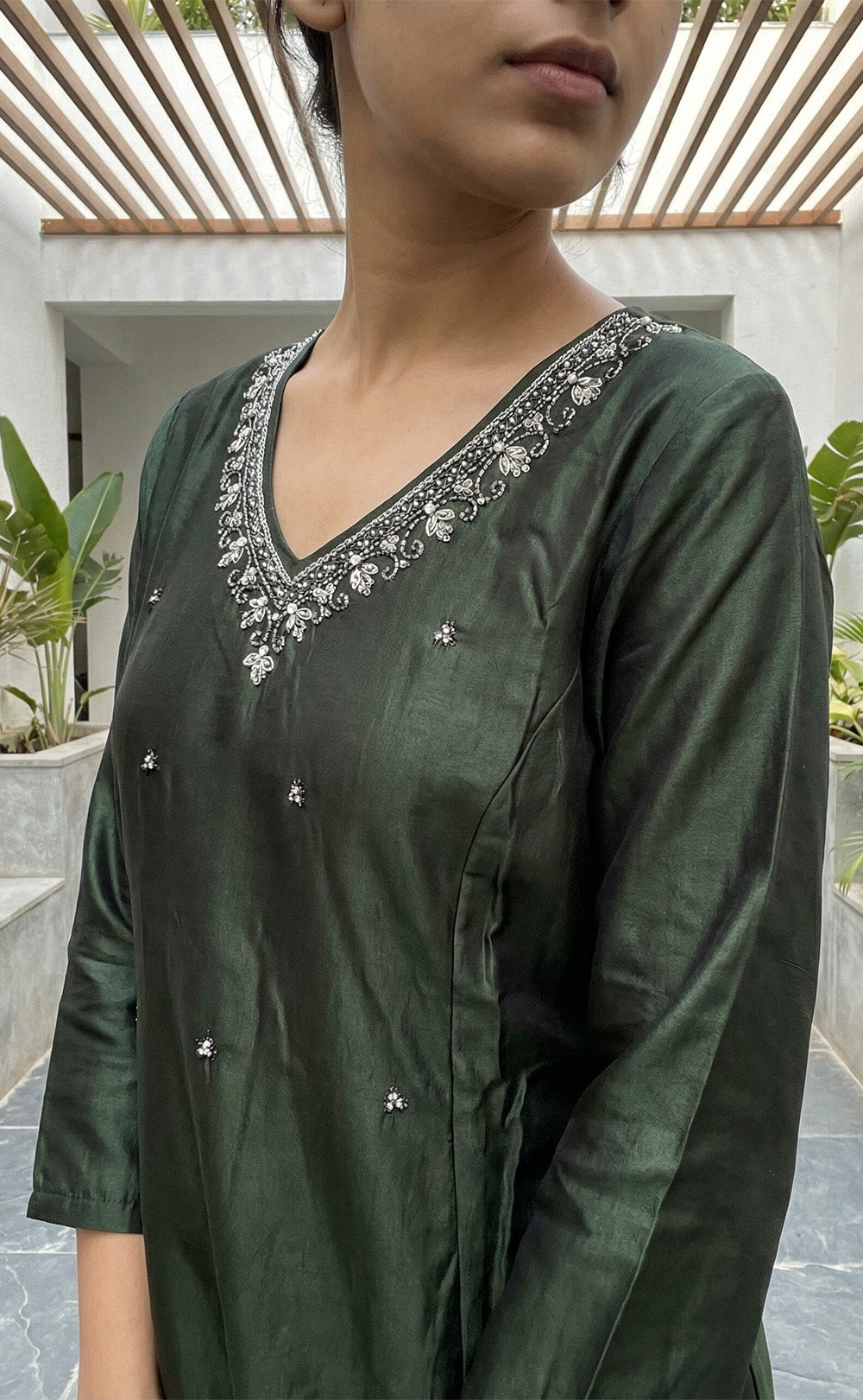 Forest Green Fancy Hand Embroidered Work Flare Kurti Set