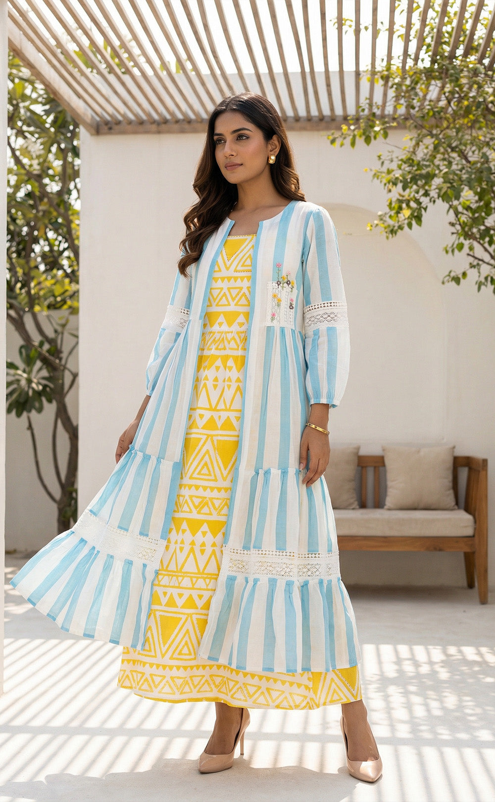 Sky Blue And Yellow Pure Cotton Inner With Embroidery Patch Pocket Work With Coat Indo Western