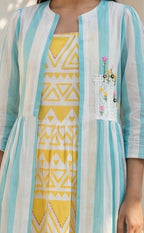 Sky Blue And Yellow Pure Cotton Inner With Embroidery Patch Pocket Work With Coat Indo Western
