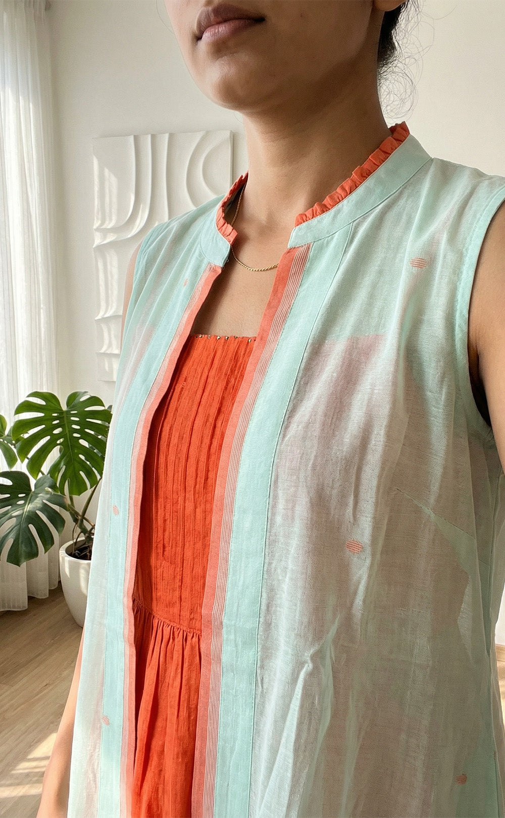 Orange and Mint Green Cotton Coat Model Indo Western