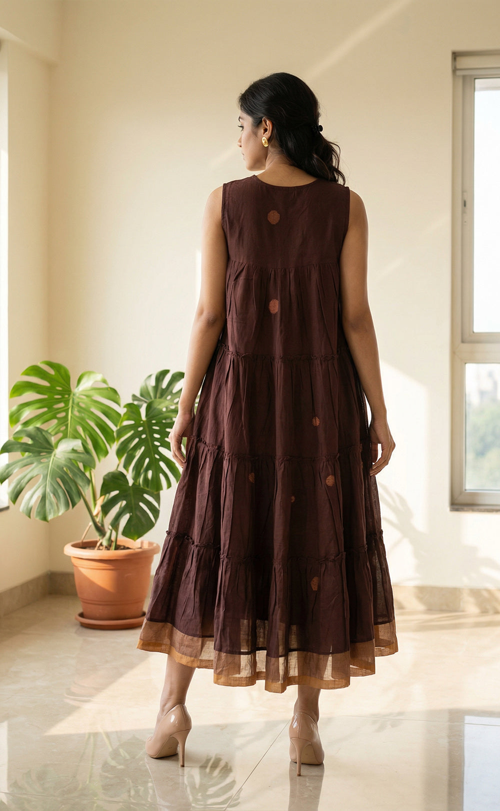 Brown Cotton Thread Embroidery Frills work Indo Western