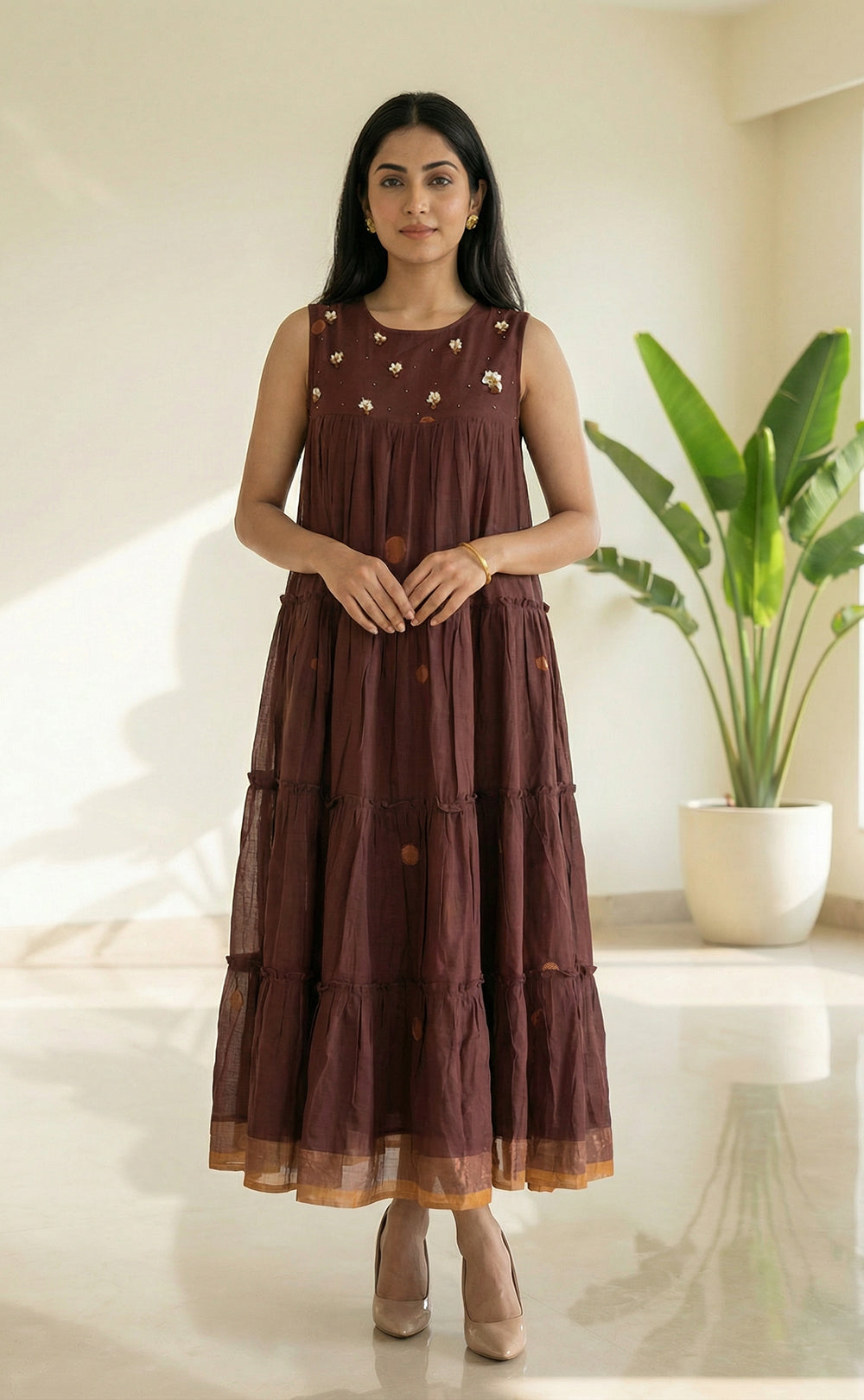 Brown Cotton Thread Embroidery Frills work Indo Western