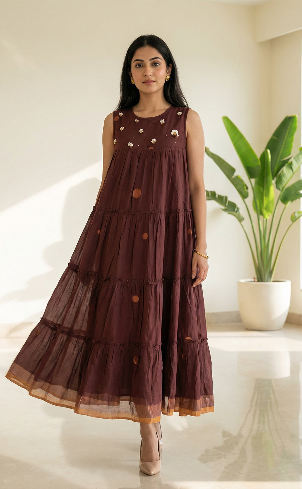 Brown Cotton Thread Embroidery Frills work Indo Western