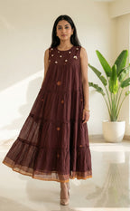 Brown Cotton Thread Embroidery Frills work Indo Western