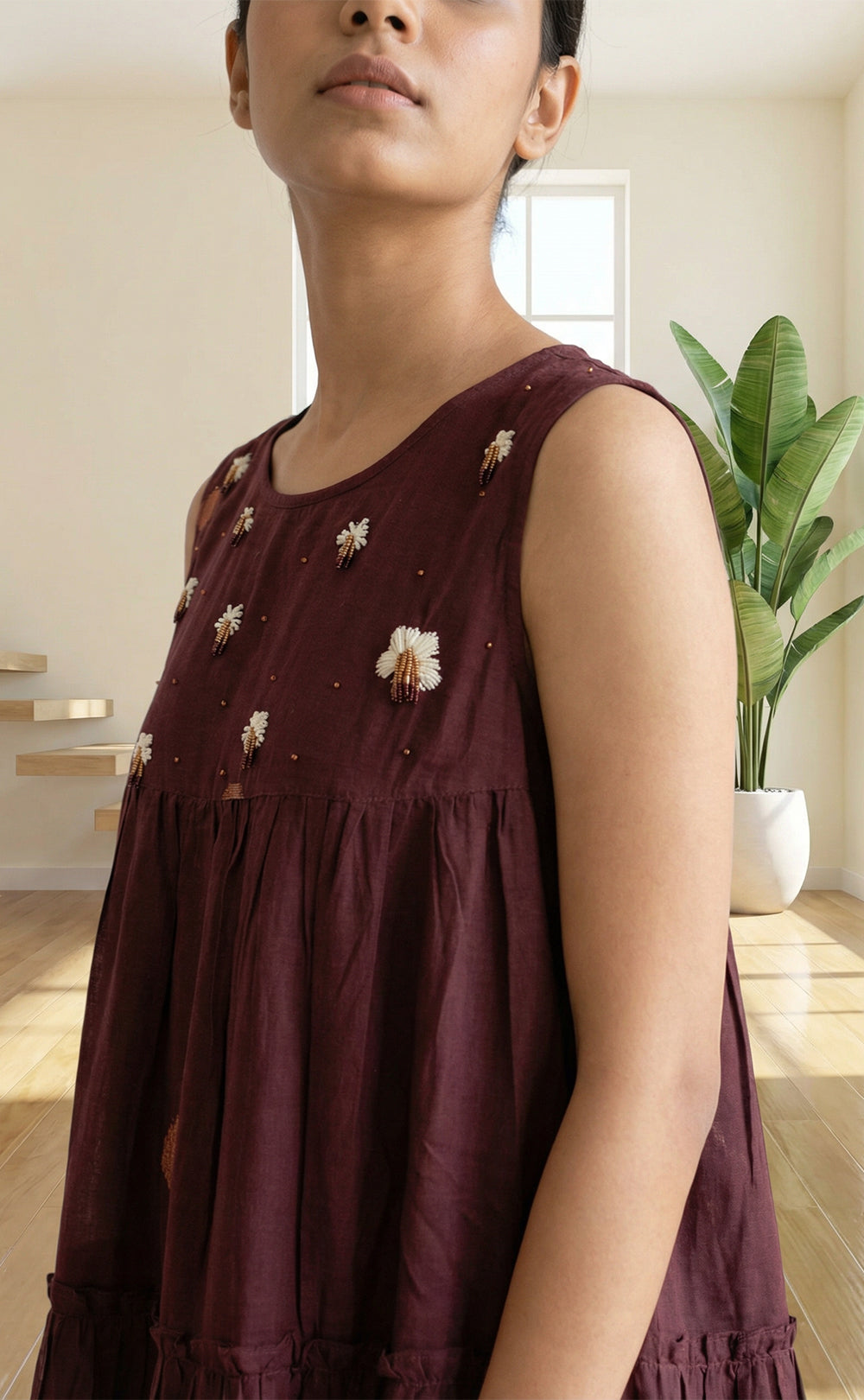 Brown Cotton Thread Embroidery Frills work Indo Western
