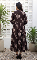Dark Chocolate Brown Cotton All-Over Birds Printed Long Kurti Gown