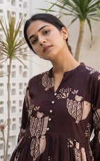 Dark Chocolate Brown Cotton All-Over Birds Printed Long Kurti Gown