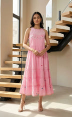 Cotton Pink High Neck Thread Knot work and Beads Work Indo Western
