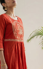 Mul Cotton Rust Orange Elephant Pallaki Thread Work Kurti set
