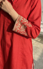 Mul Cotton Rust Orange Elephant Pallaki Thread Work Kurti set