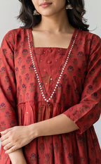 Marron Cotton All-Over Floral Printed Flair Kurti