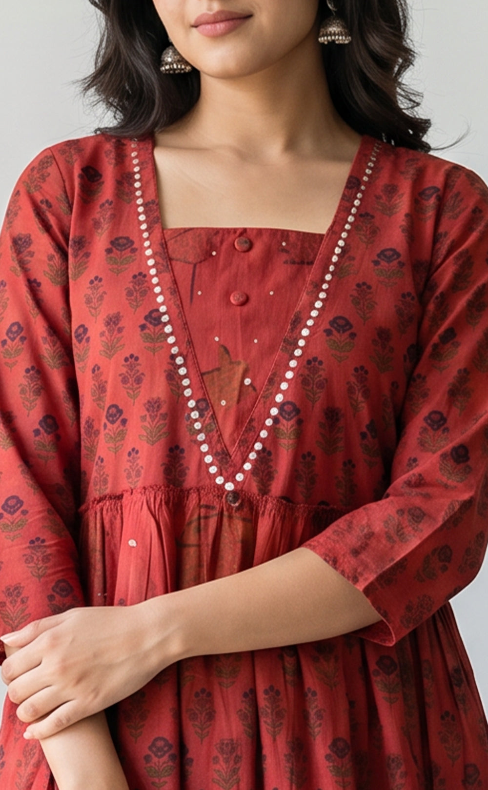 Marron Cotton All-Over Floral Printed Flair Kurti
