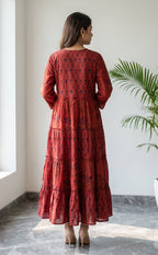 Marron Cotton All-Over Floral Printed Flair Kurti