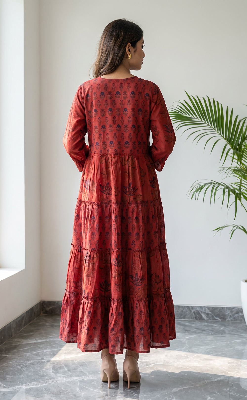 Marron Cotton All-Over Floral Printed Flair Kurti