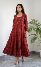 Marron Cotton All-Over Floral Printed Flair Kurti