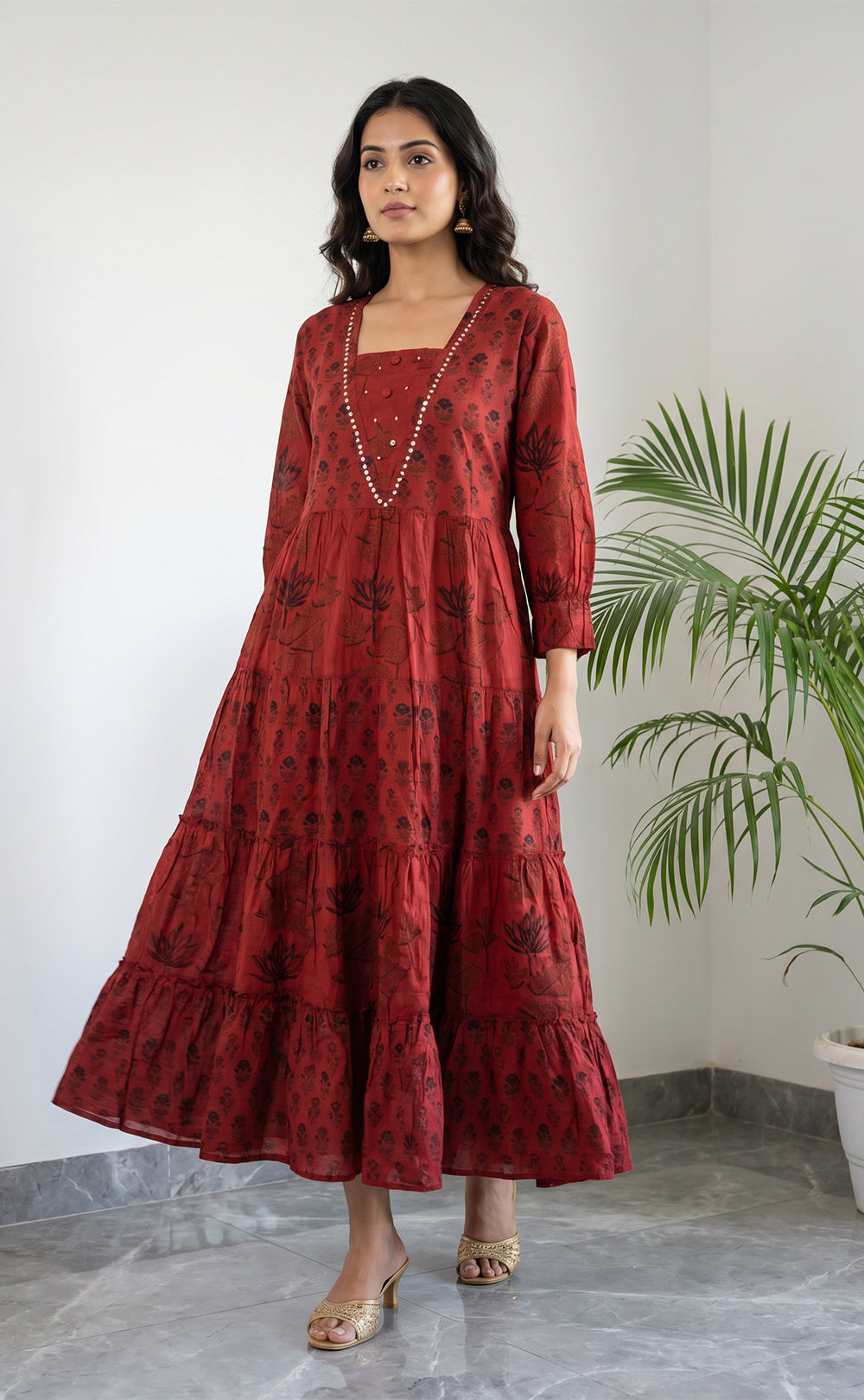 Marron Cotton All-Over Floral Printed Flair Kurti