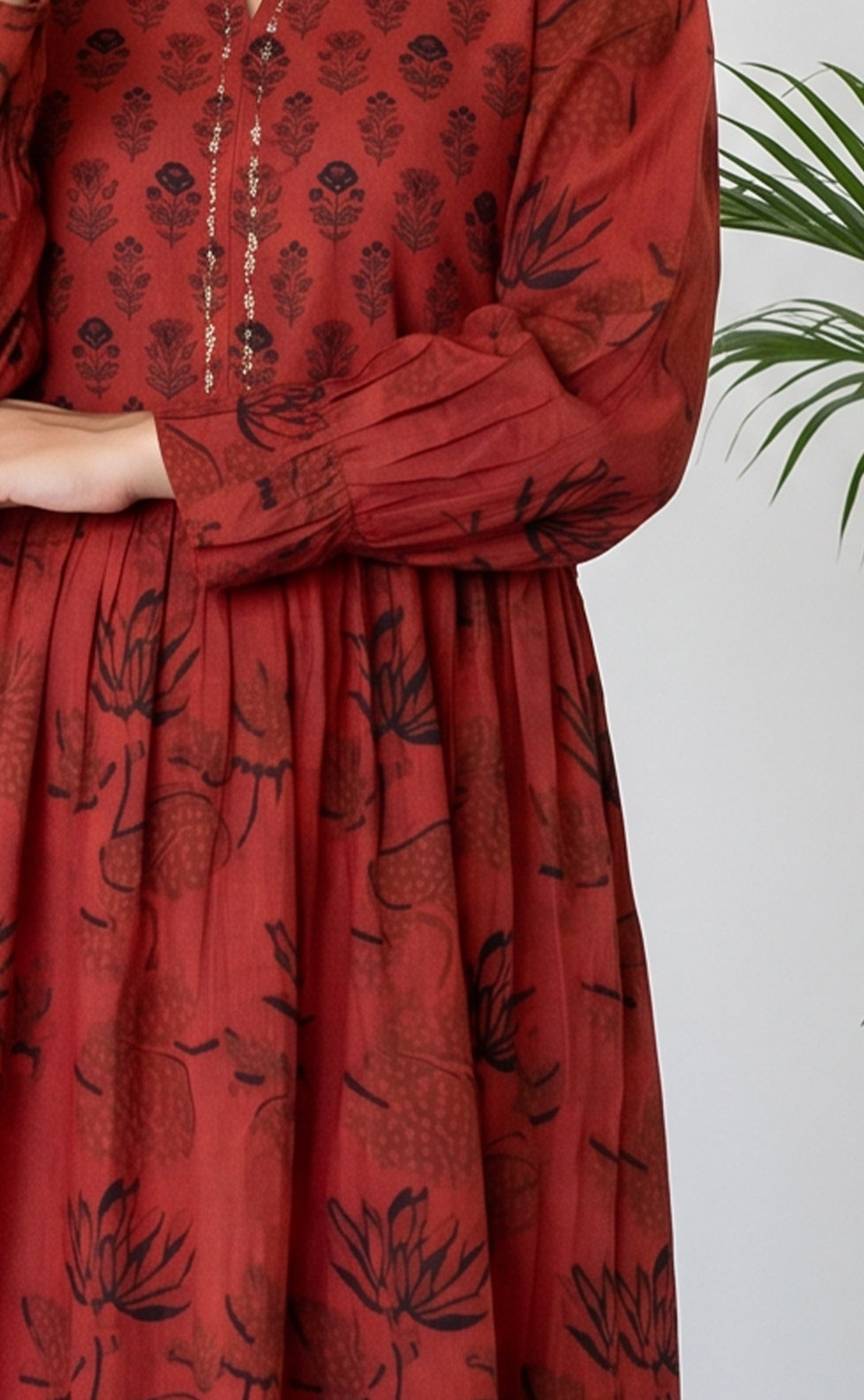 Marron Cotton All-Over Floral Printed Flair Kurti