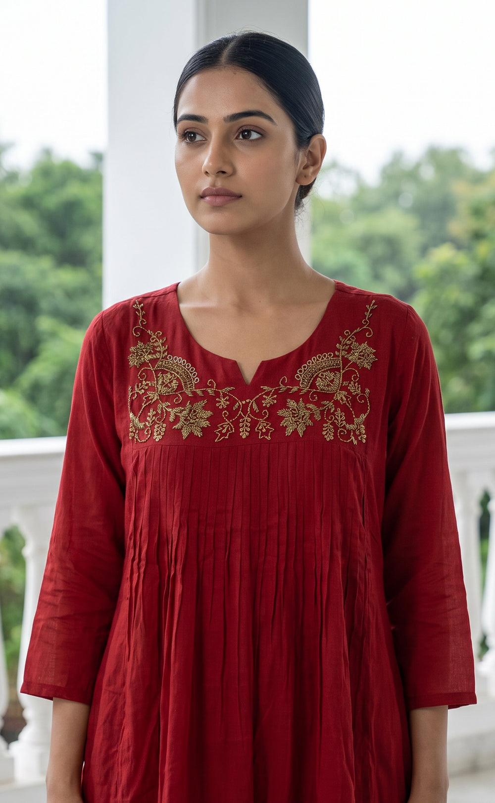 Marron Chinon Beats Embroidery Kurti Set