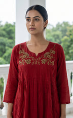 Marron Chinon Beats Embroidery Kurti Set