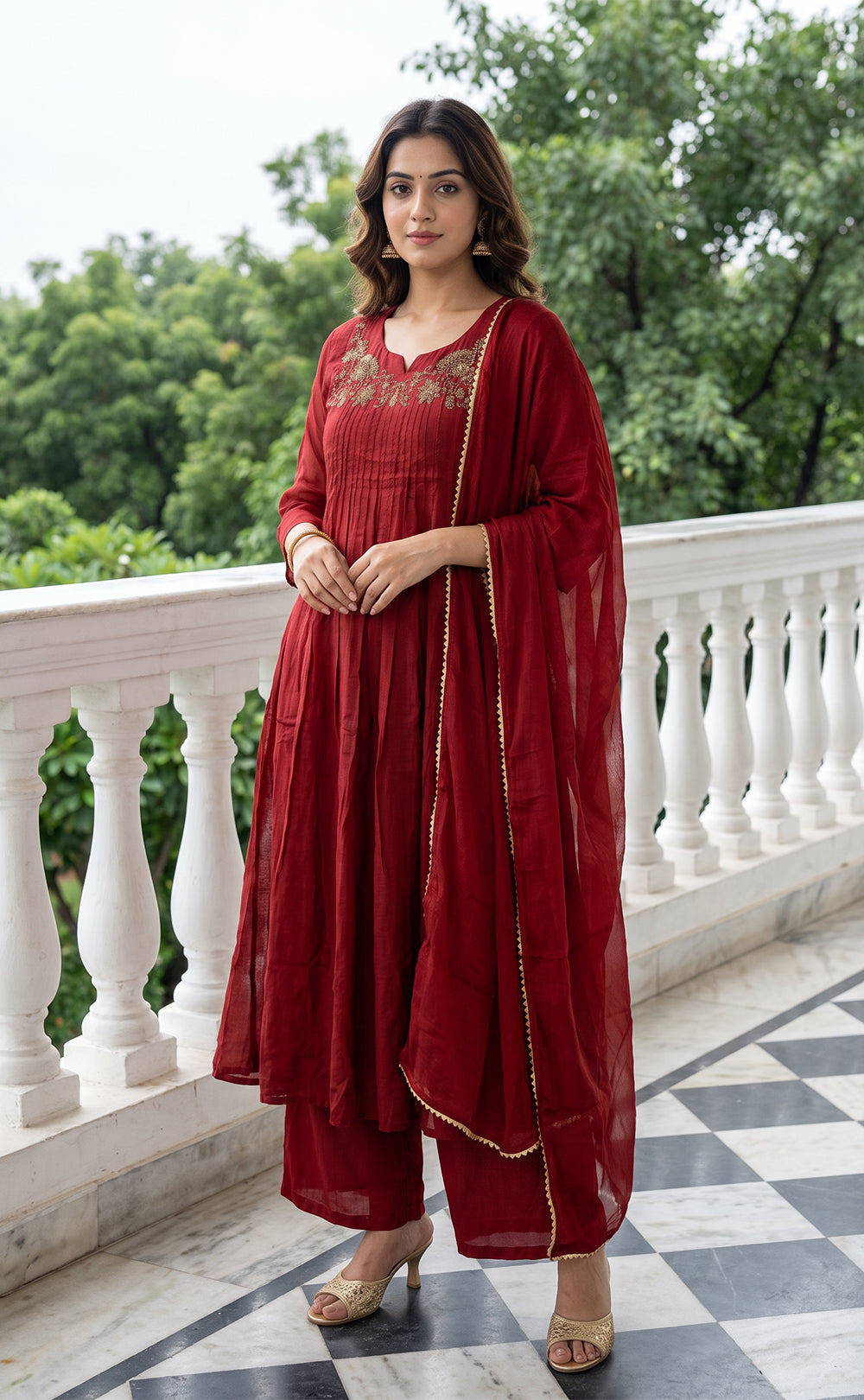 Marron Chinon Beats Embroidery Kurti Set