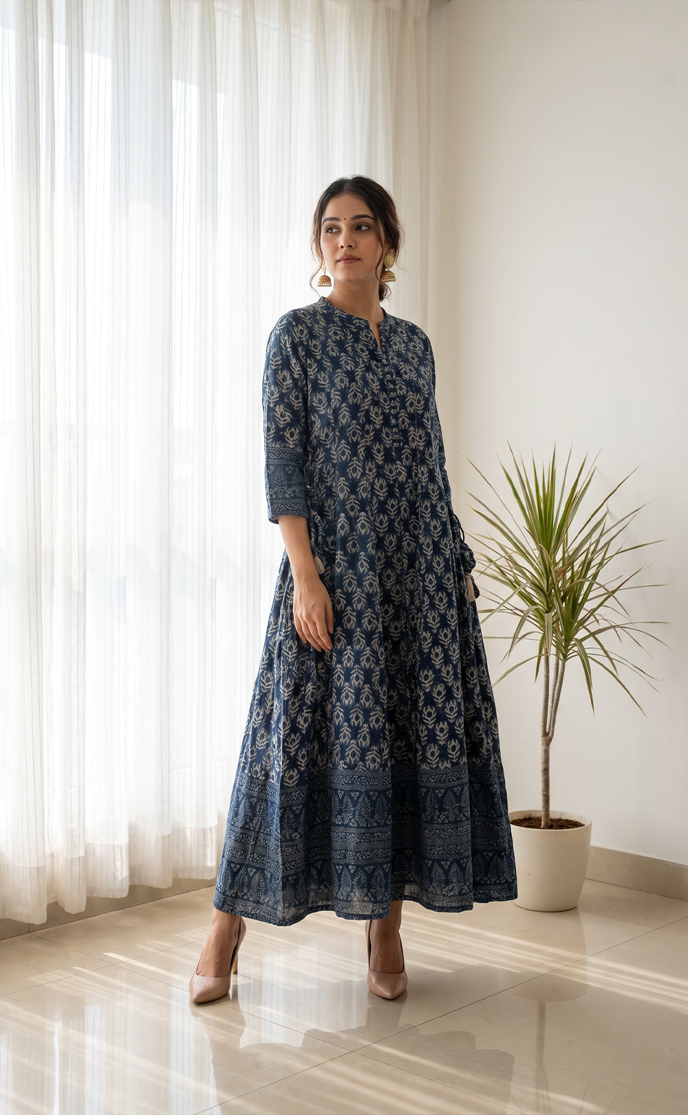 Blue Cotton All-Over Printed Kurti Set