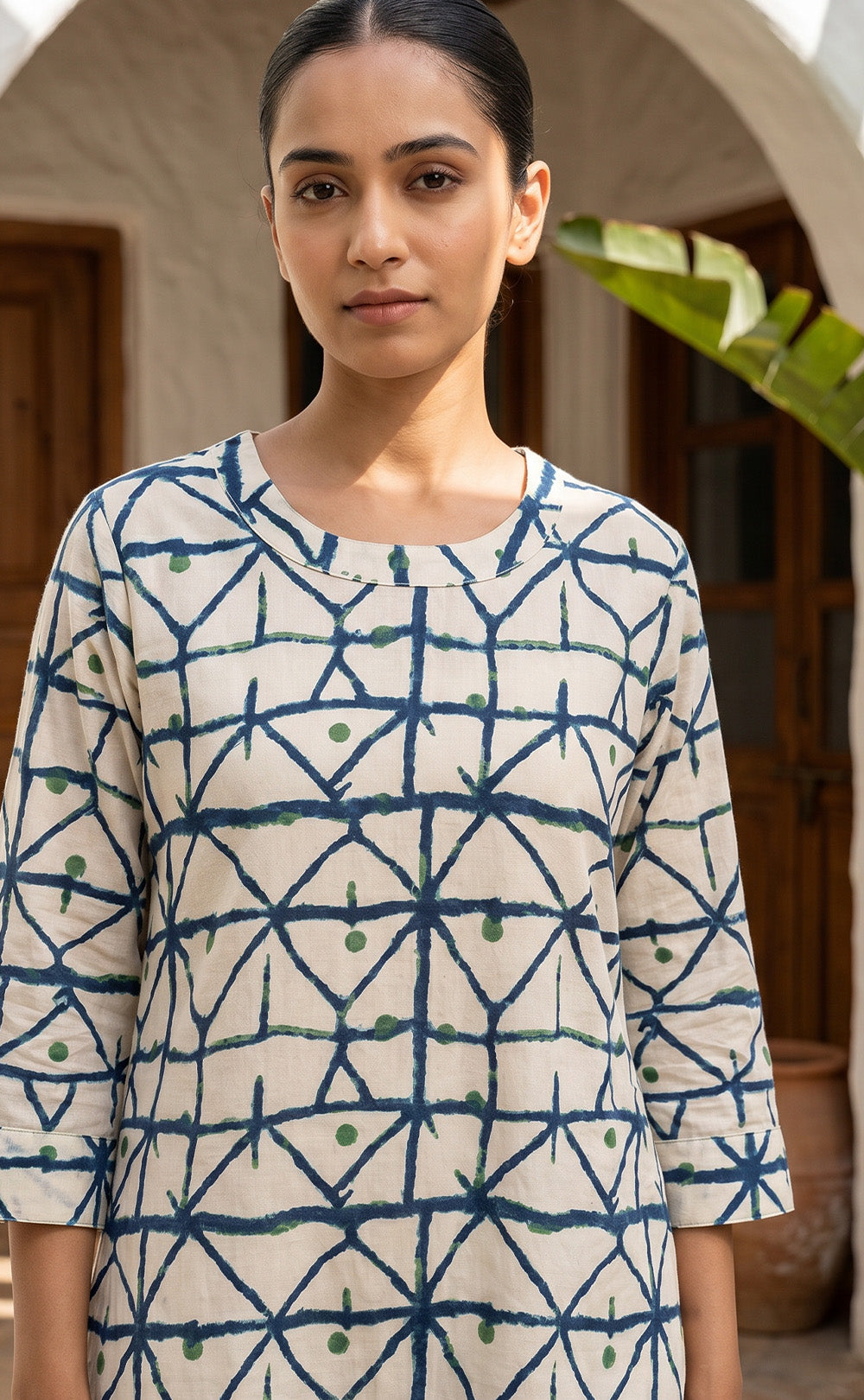 White And Blue Cotton Geomentrical Print Co-ord Set