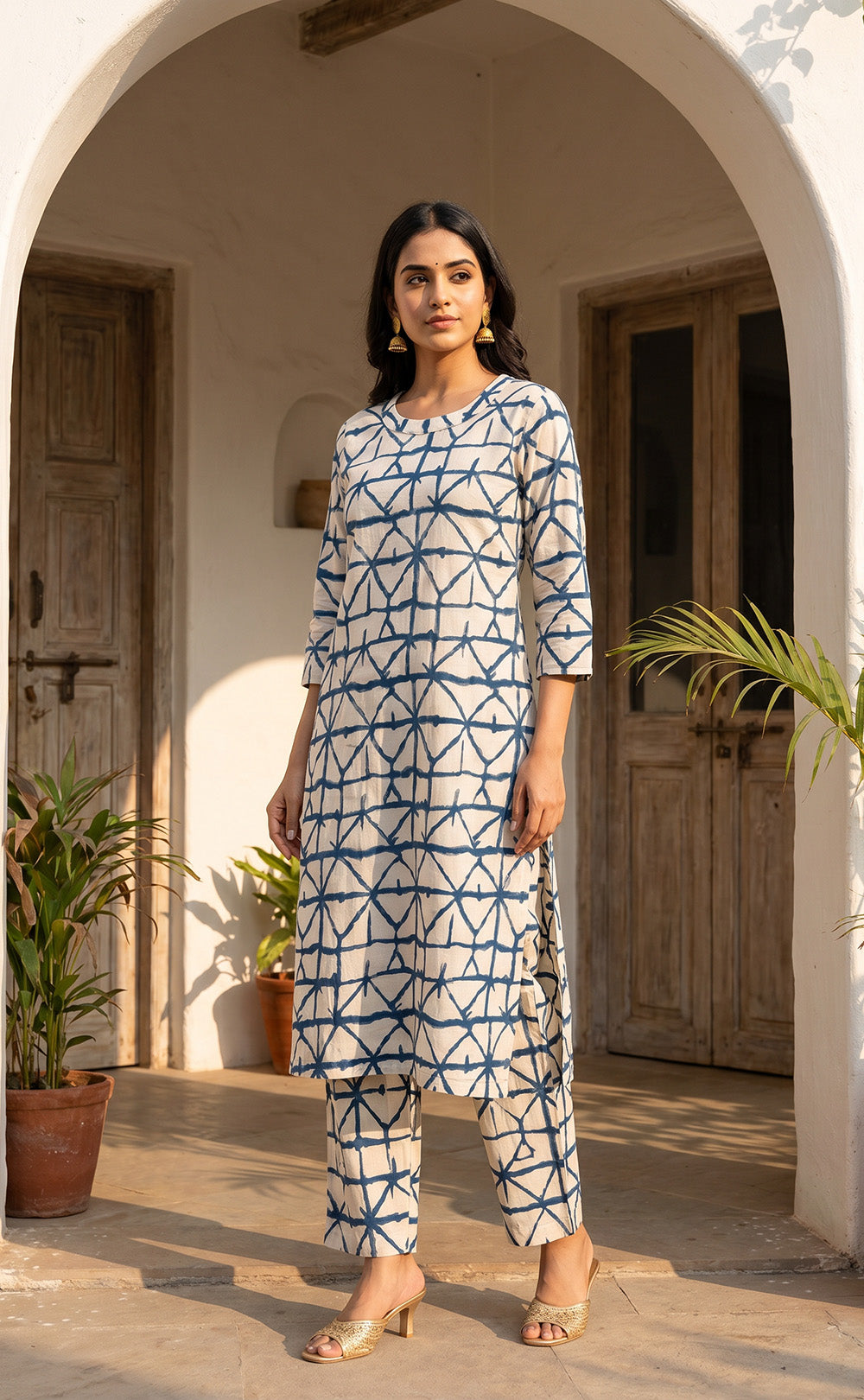 White And Blue Cotton Geomentrical Print Co-ord Set
