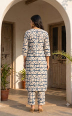 White And Blue Cotton Geomentrical Print Co-ord Set