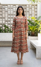 Maroon Cotton All-Over Kalamkari Printed Flare Kurti