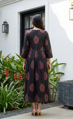 Black Cotton All-Over Floral Printed Flair Kurti