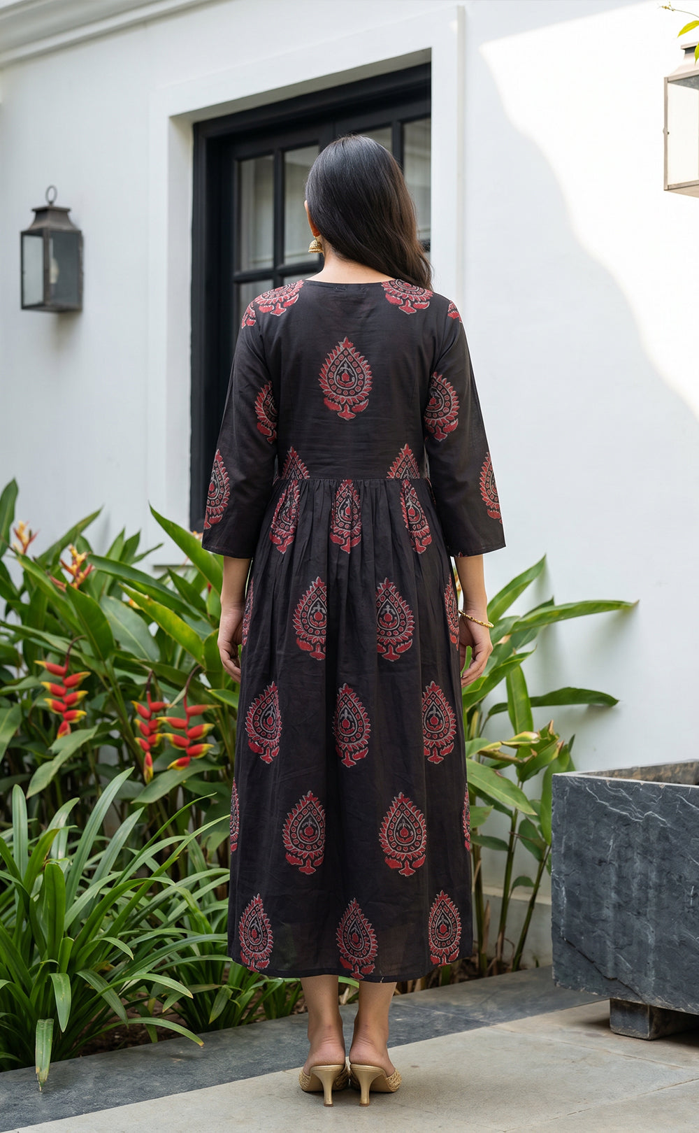 Black Cotton All-Over Floral Printed Flair Kurti
