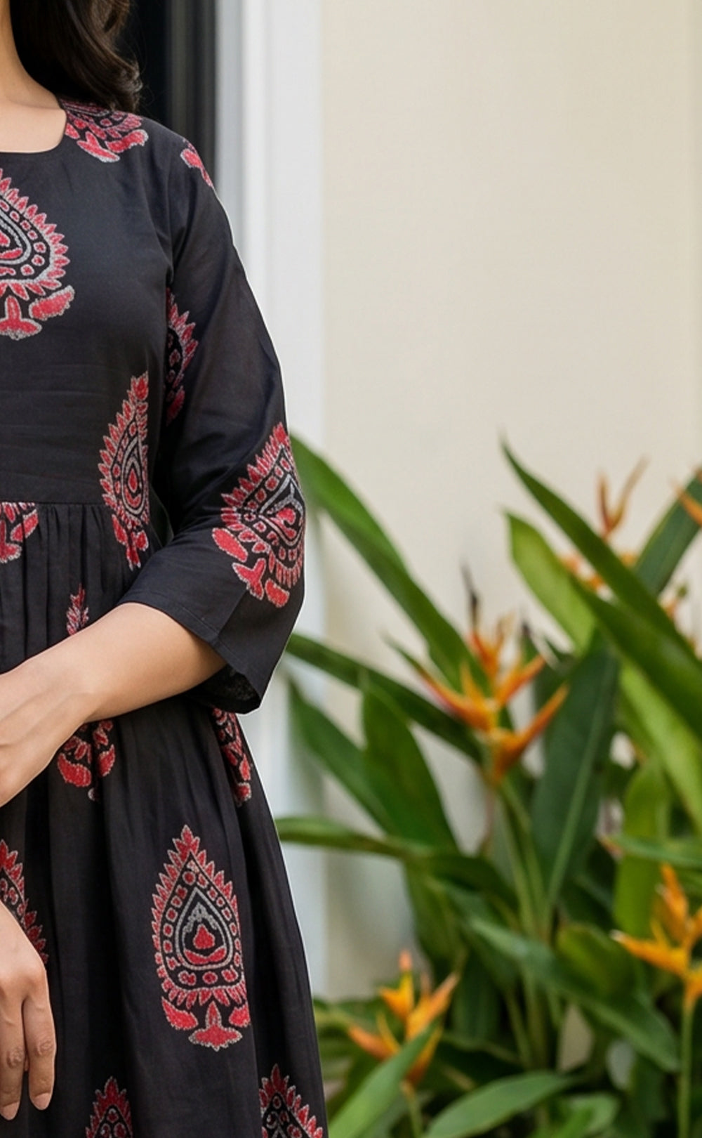 Black Cotton All-Over Floral Printed Flair Kurti