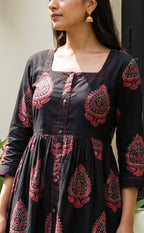 Black Cotton All-Over Floral Printed Flair Kurti
