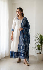 Indigo Blue Cotton Mirror And Thread Work Kurti Set