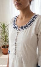 Indigo Blue Cotton Mirror And Thread Work Kurti Set