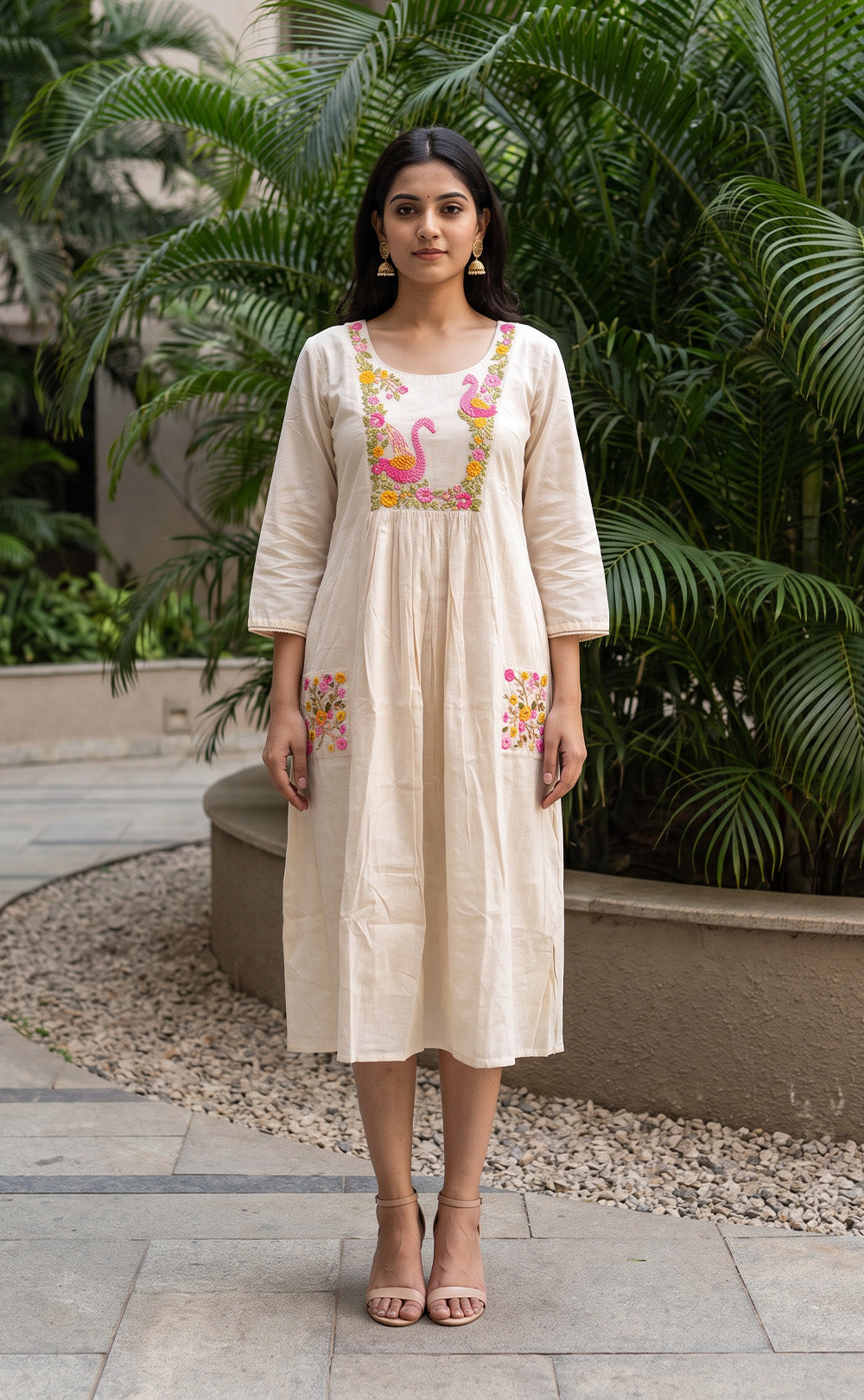 Half-White Cotton Floral And Swan Embroidery Work Flare Kurti With Pocket
