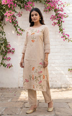 Cream Cotton Thread Work Kurti Set