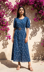 Blue Cotton All-Over Elephant Print Kurti Gown