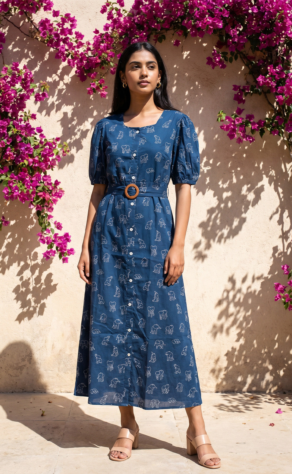 Blue Cotton All-Over Elephant Print Kurti Gown