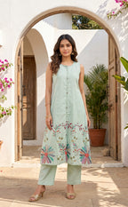 Mint Green Cotton Floral Print Kurti Set