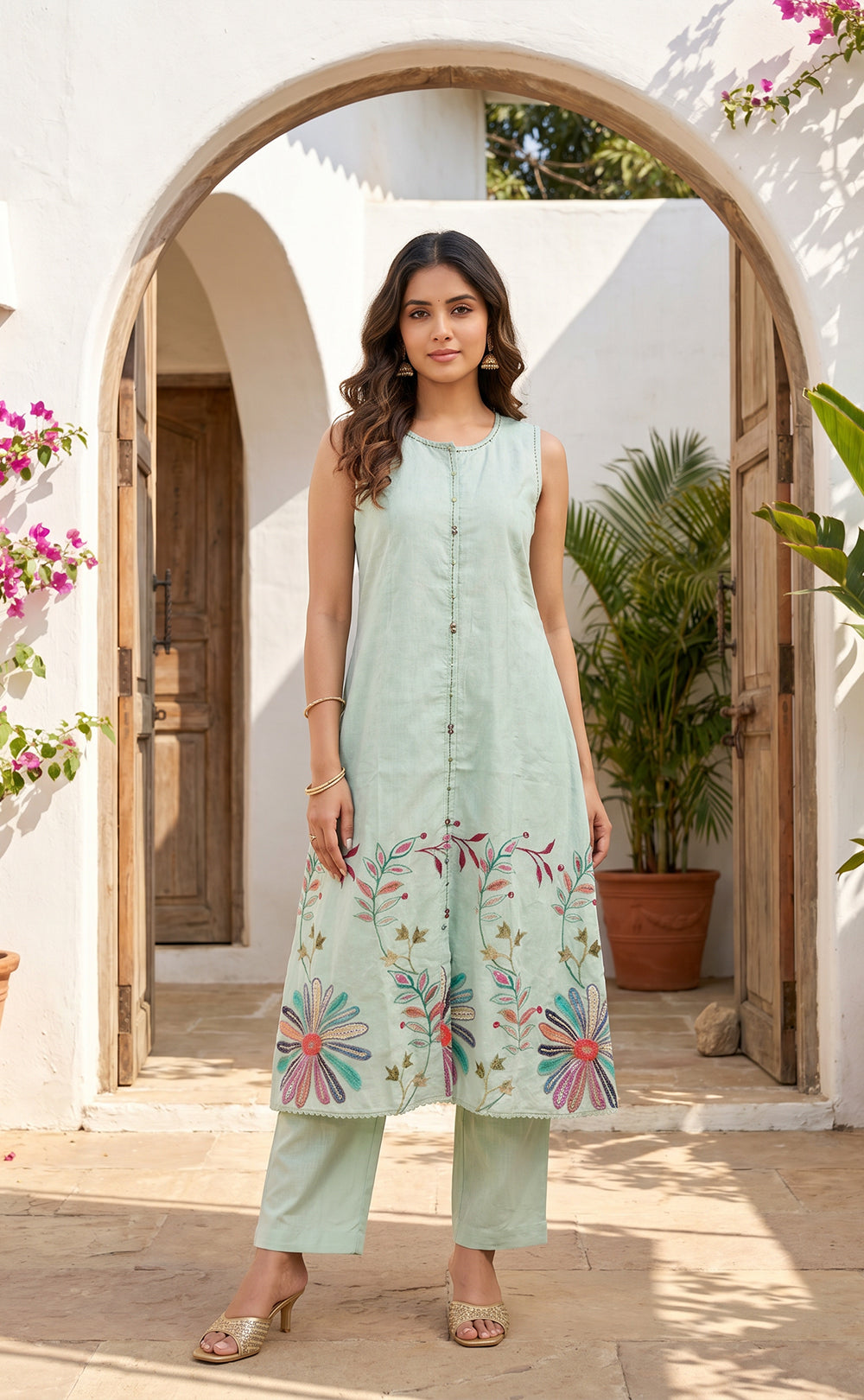 Mint Green Cotton Floral Print Kurti Set
