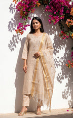 Cream Kota Cotton Thread Embroidery Kurti Set