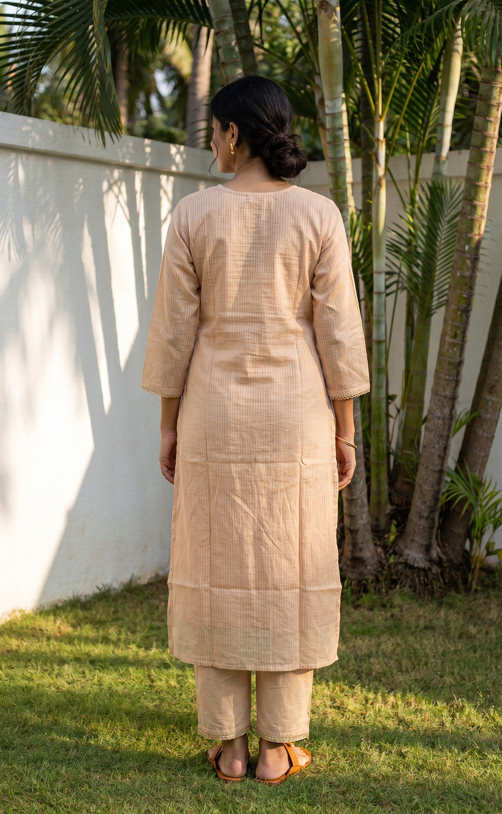 Cream Kota Cotton Thread Embroidery Kurti Set