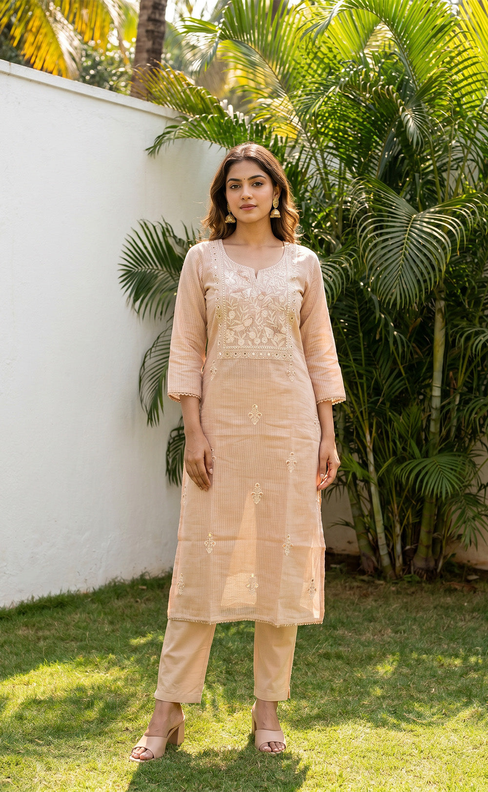 Cream Kota Cotton Thread Embroidery Kurti Set
