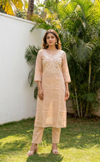 Cream Kota Cotton Thread Embroidery Kurti Set