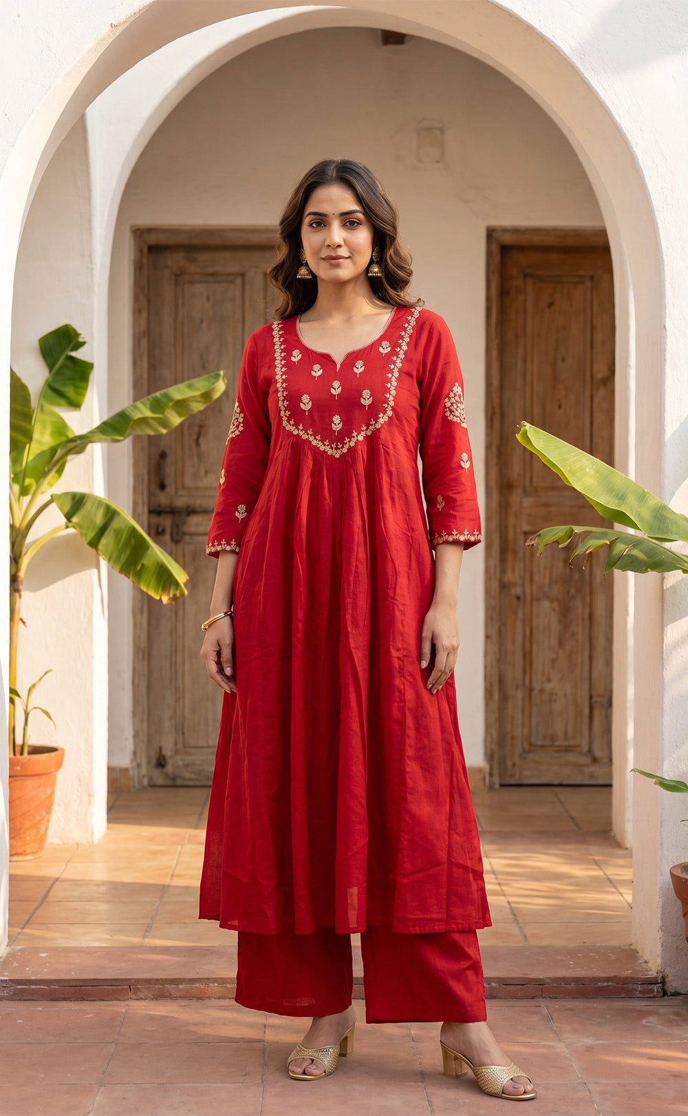 Marron Cotton Thread Embroidery Kurti Set