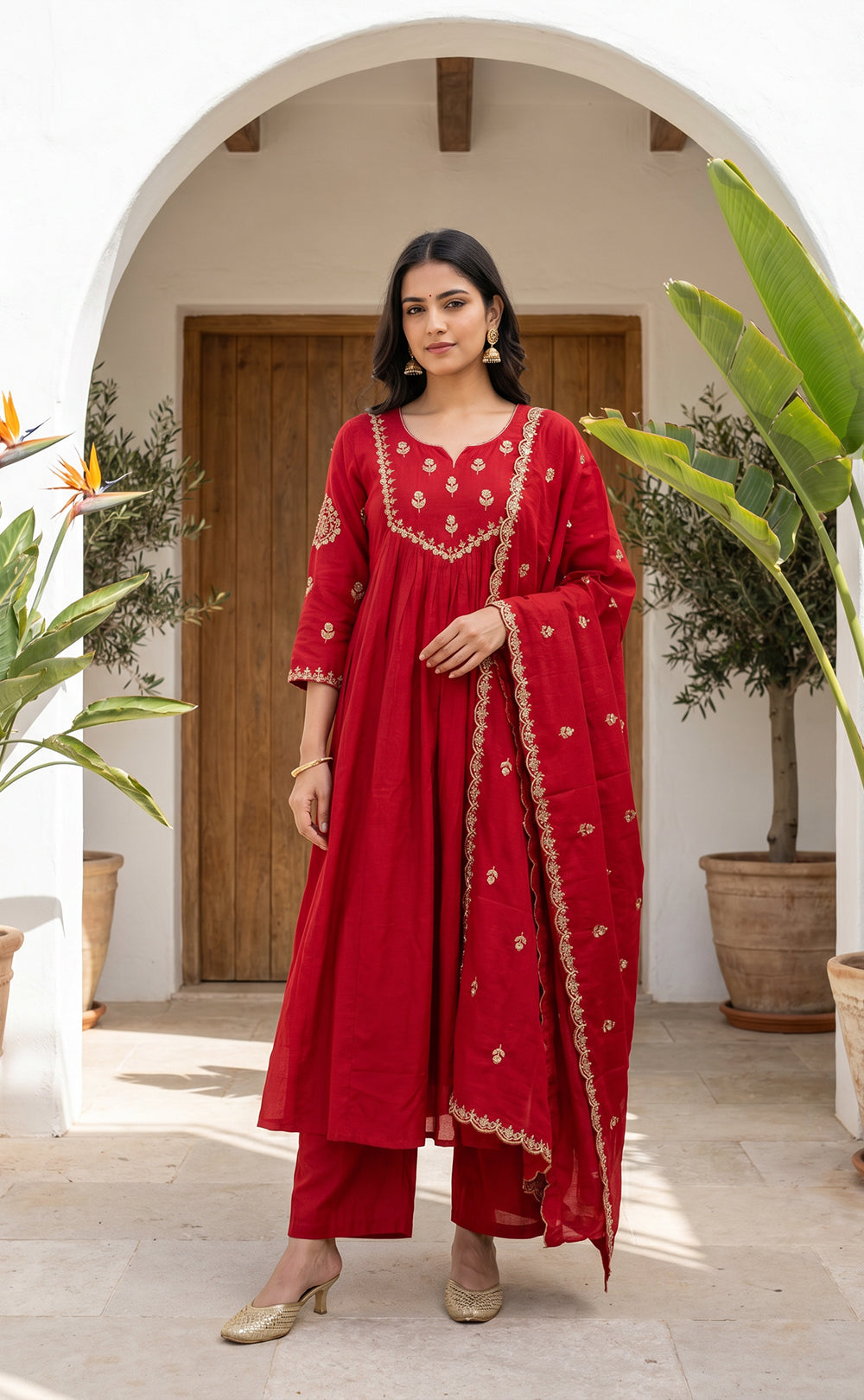 Marron Cotton Thread Embroidery Kurti Set