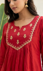 Marron Cotton Thread Embroidery Kurti Set