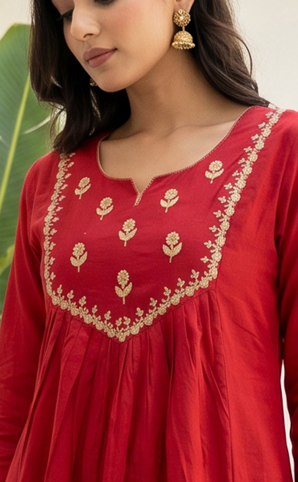 Marron Cotton Thread Embroidery Kurti Set