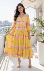 Yellow Cotton Mirror Buti Work Flare Kurti